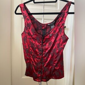 Kate Landry Red & Black Floral Satin Look Corset Top